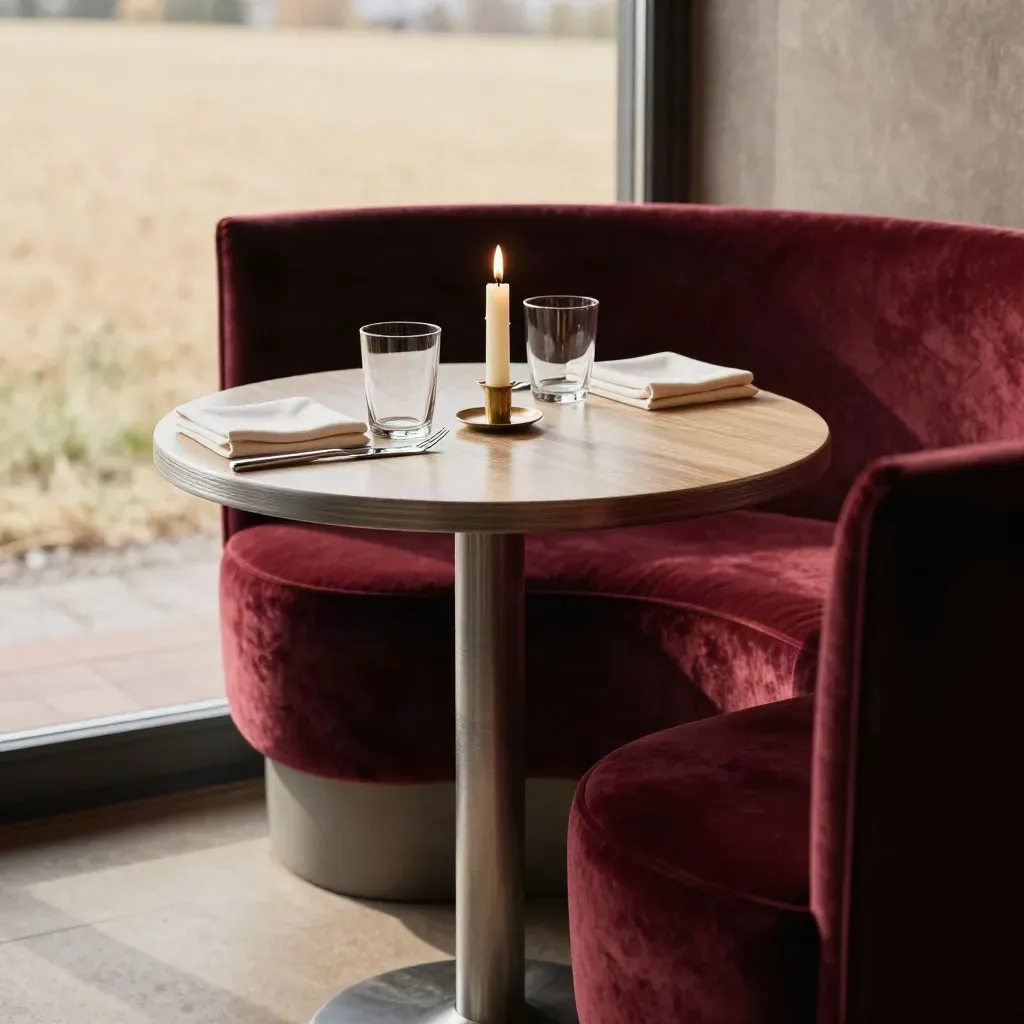 Vinröd restauranghörna med två glas, ljus och dukat tvåbord i Uppsala.
