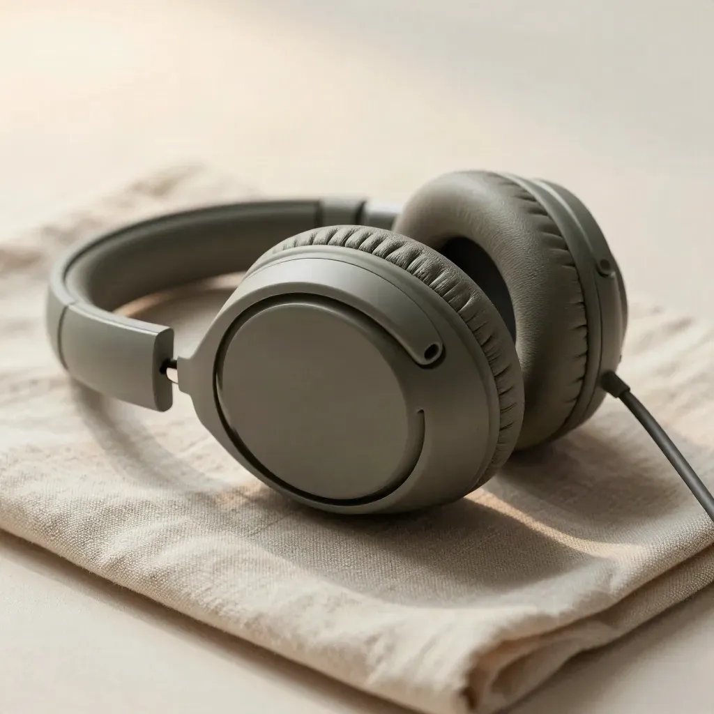 Headset i laddställ med kabel på ljust linne, i mjukt beige ljus