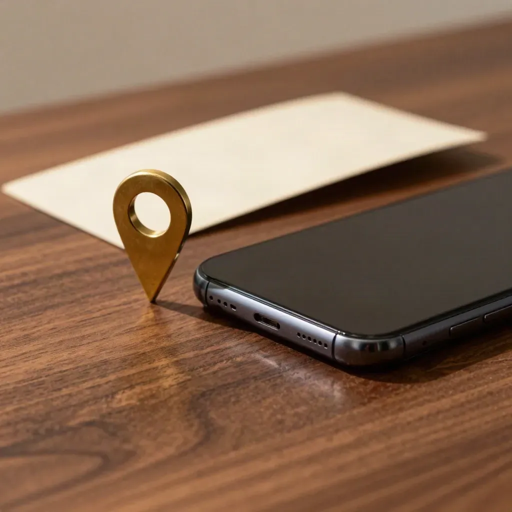 Smartphone, mässingspinne och vikt flik på valnötsbord i mjukt ljus.