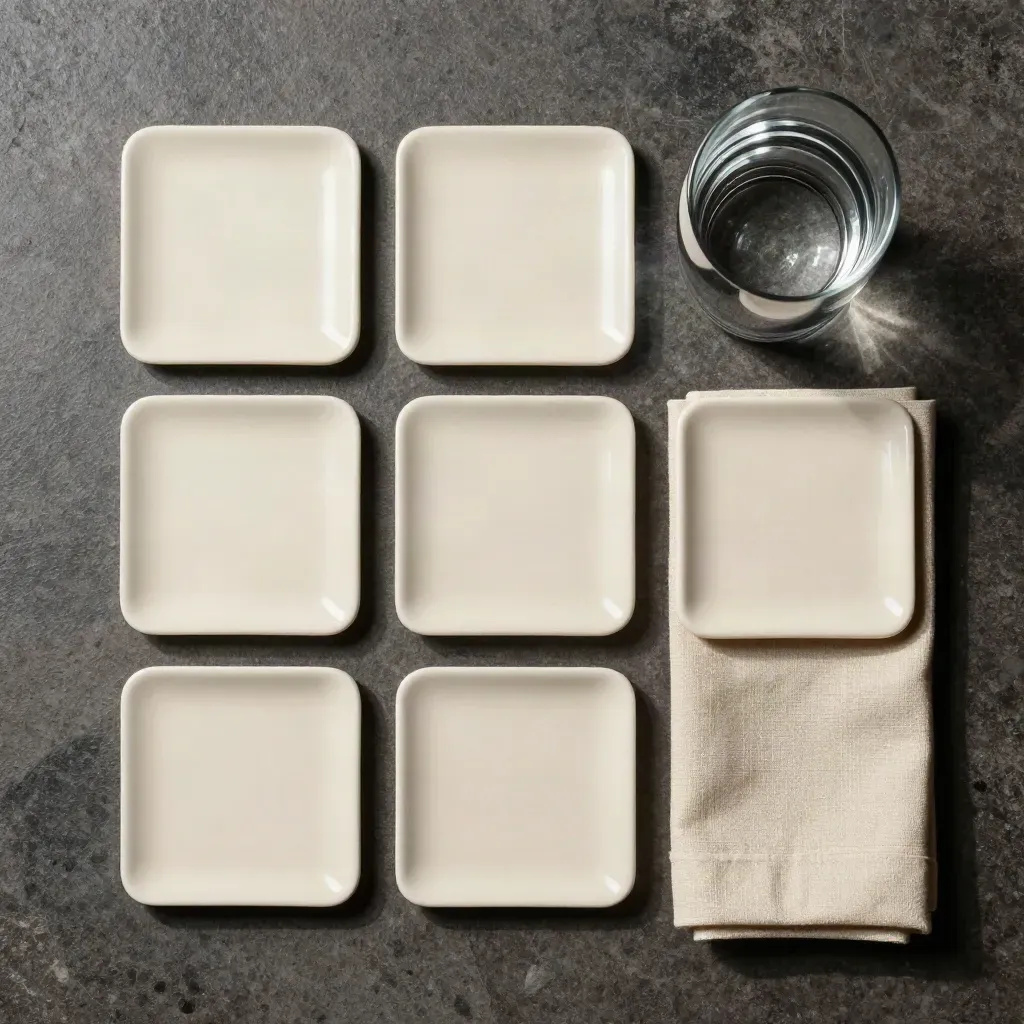 Sex cremefärgade keramikunderlägg, vikt servett och vattenglas i luftig overhead-flatlay.