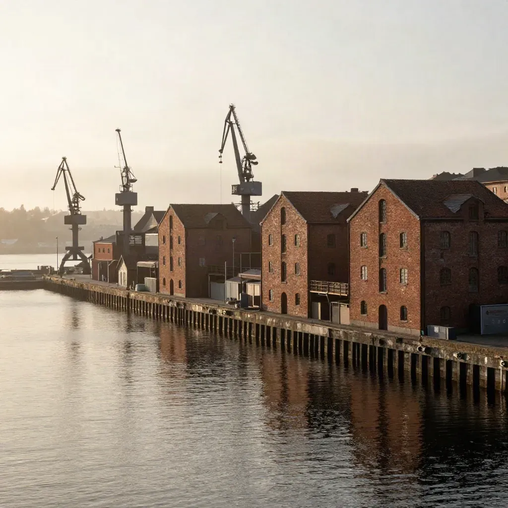 Gothenburgs hamn med tegelmagasin, kranar och stilla vatten i varmt kvällsljus.